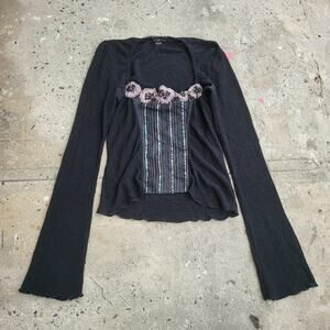 Vintage Ann Ferriday Goth Shirt One Size Black Long Sleeve Floral Whimsygoth